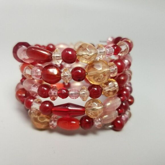 Vintage Red and Pink Memory Wire Coiled Bangle Bracelet, Wide Chunky Estate - Picture 2 of 7